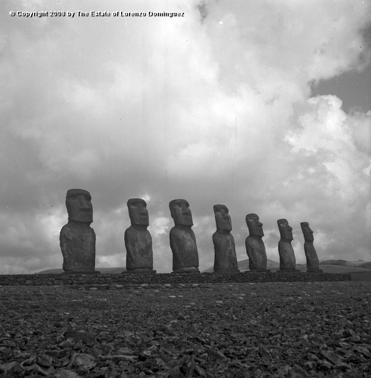 AKI_Conjunto_04.jpg - Easter Island. 1960. Ahu Akivi. General view of the ahu restored by the Chilean-American archeological expedition lead by William Mulloy in 1960.